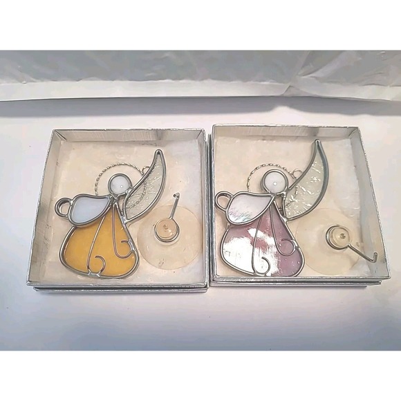 Vintage Stained Glass Angel Ornament Suncatcher 4" One Pink One Amber - Picture 1 of 6